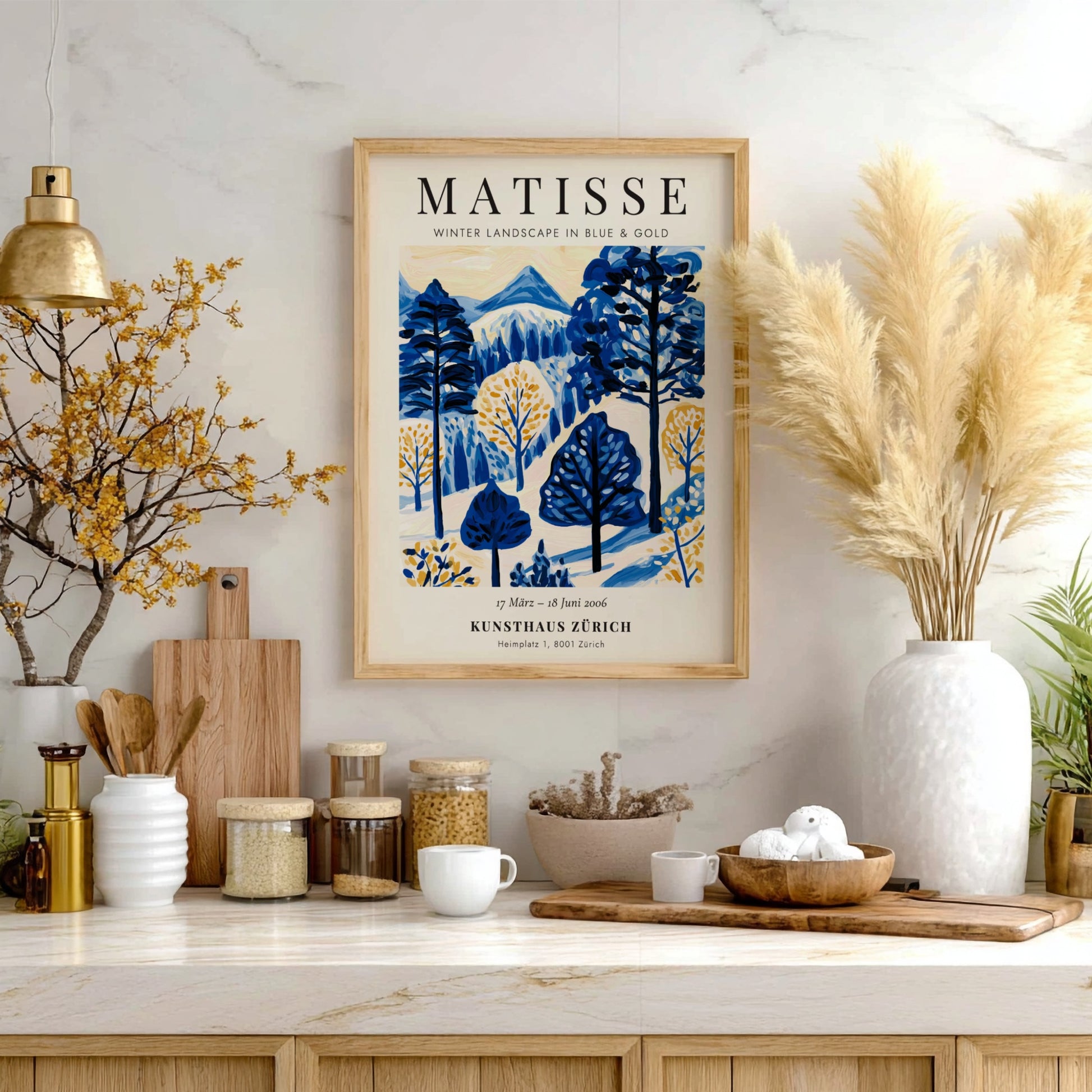 Winter landscape poster featuring Matisse's blue and gold colors, perfect for home decor and wall art.