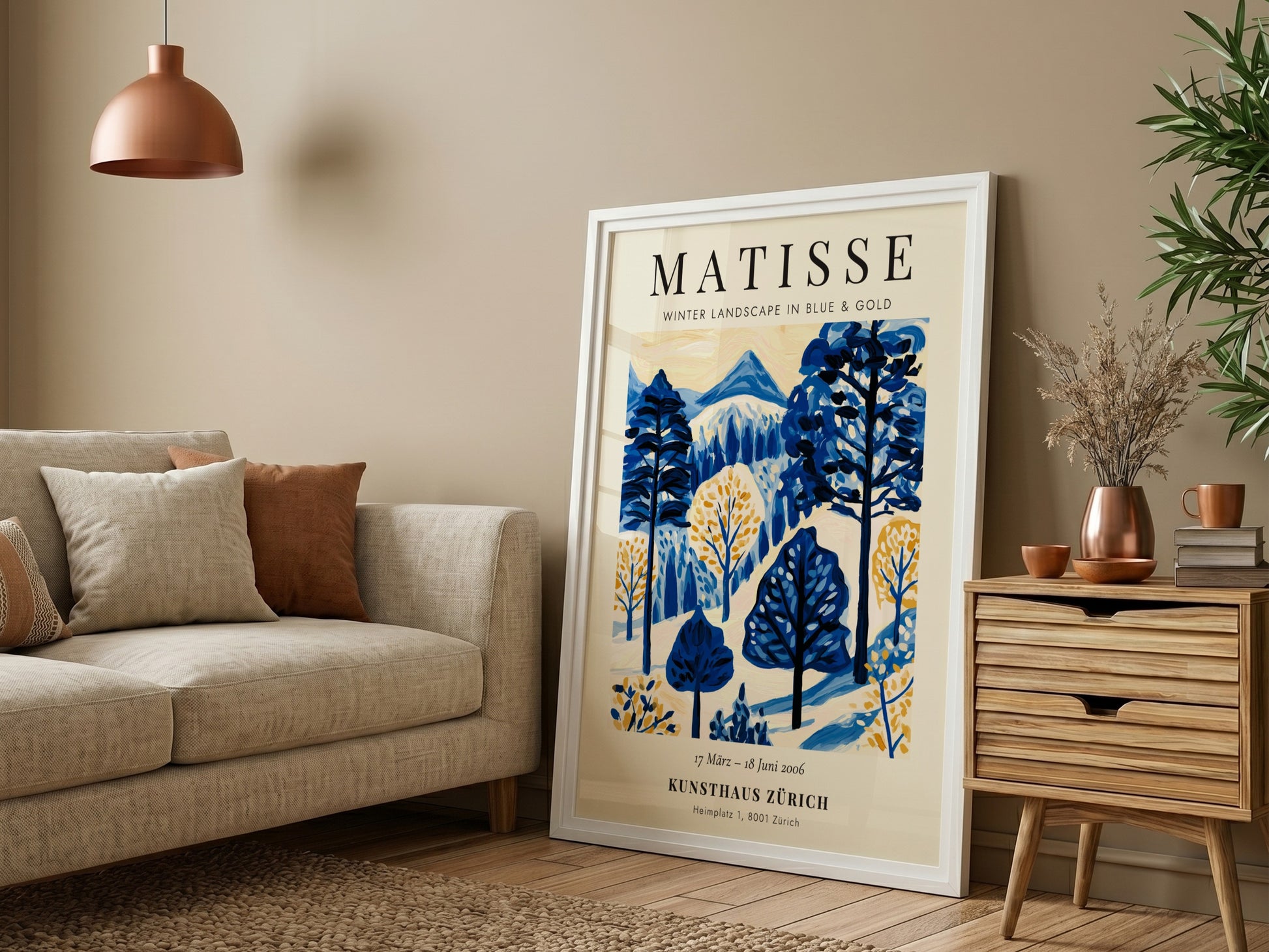 Winter landscape poster featuring Matisse's blue and gold colors, perfect for home decor and wall art.