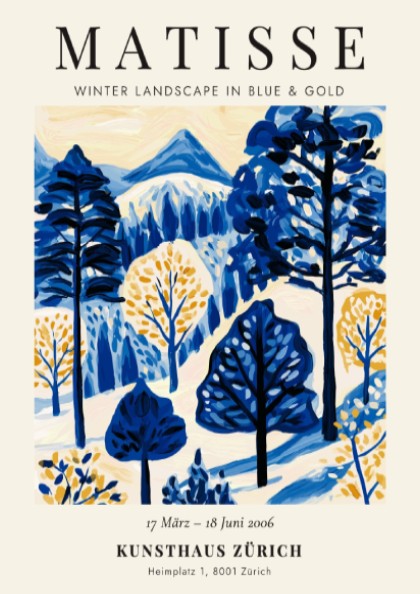 Winter landscape poster featuring Matisse's blue and gold colors, perfect for home decor and wall art.