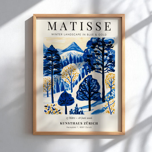 Winter landscape poster featuring Matisse's blue and gold colors, perfect for home decor and wall art.