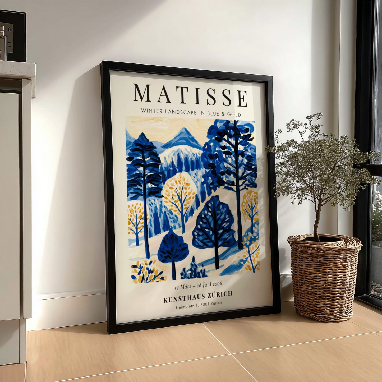 Winter landscape poster featuring Matisse's blue and gold colors, perfect for home decor and wall art.