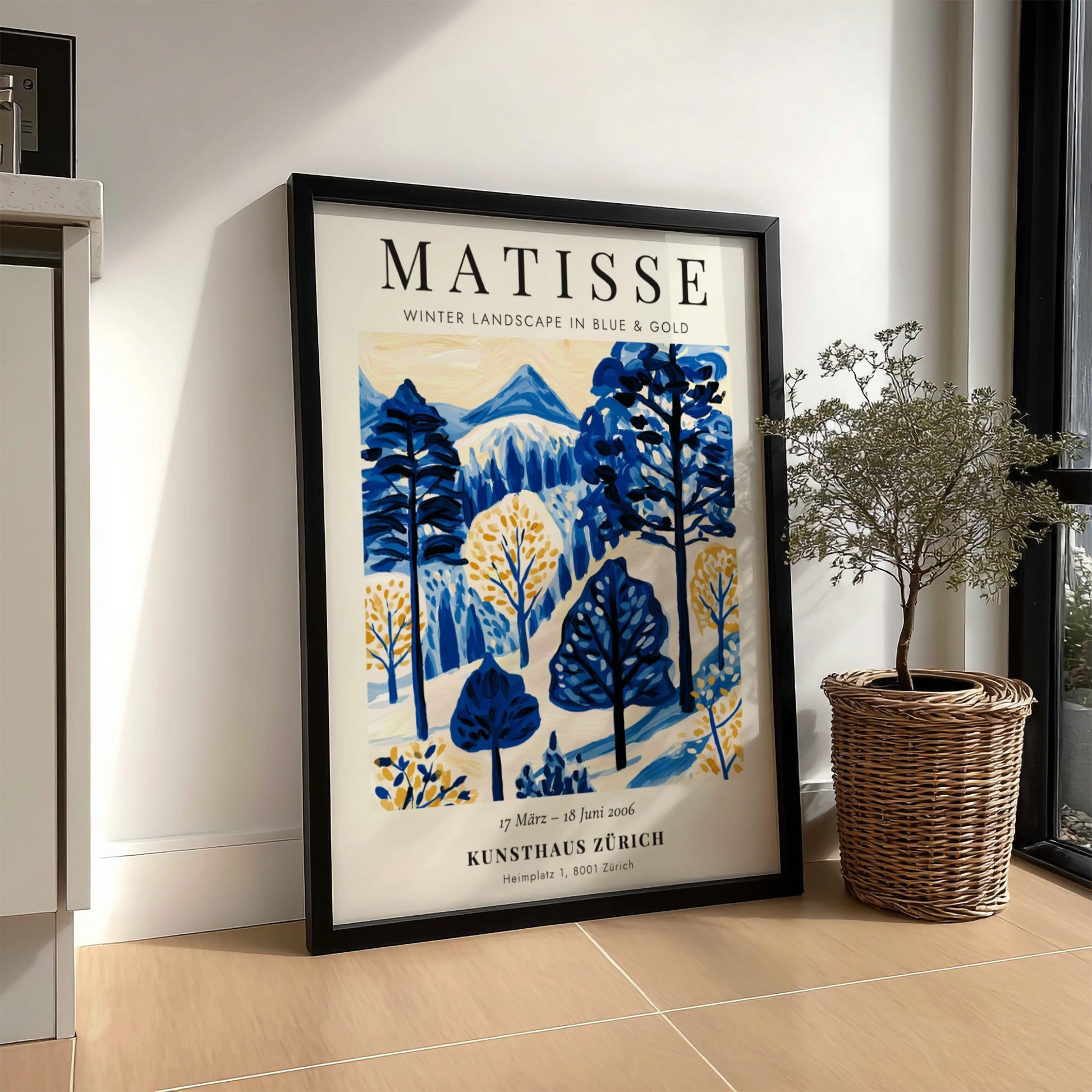 Winter landscape poster featuring Matisse's blue and gold colors, perfect for home decor and wall art.