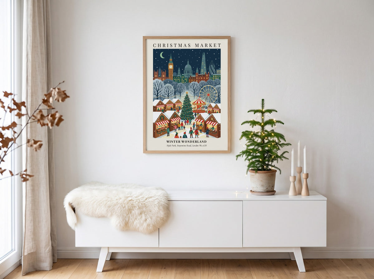 Christmas market poster showing London landmarks and festive stalls in a snowy winter wonderland.