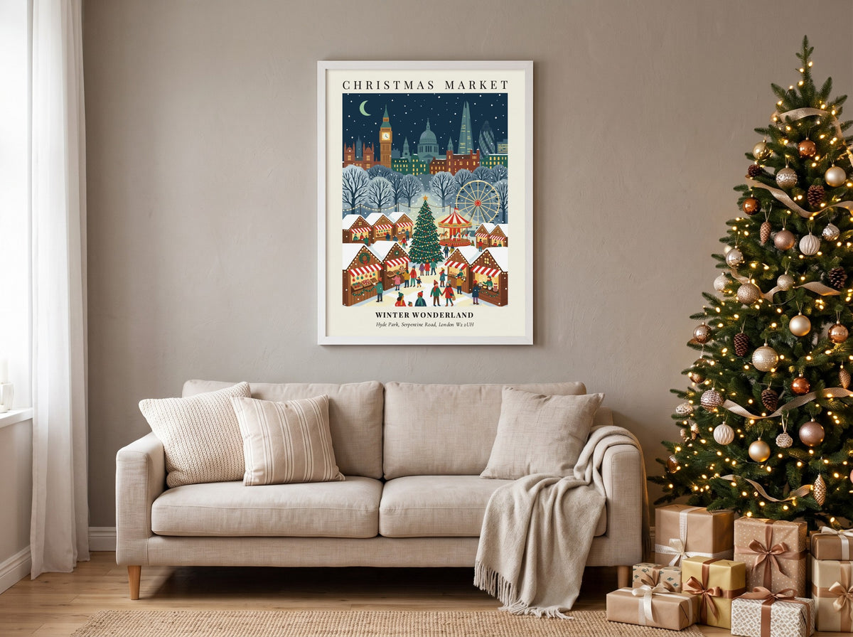 Christmas market poster showing London landmarks and festive stalls in a snowy winter wonderland.