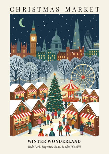 Christmas market poster showing London landmarks and festive stalls in a snowy winter wonderland.