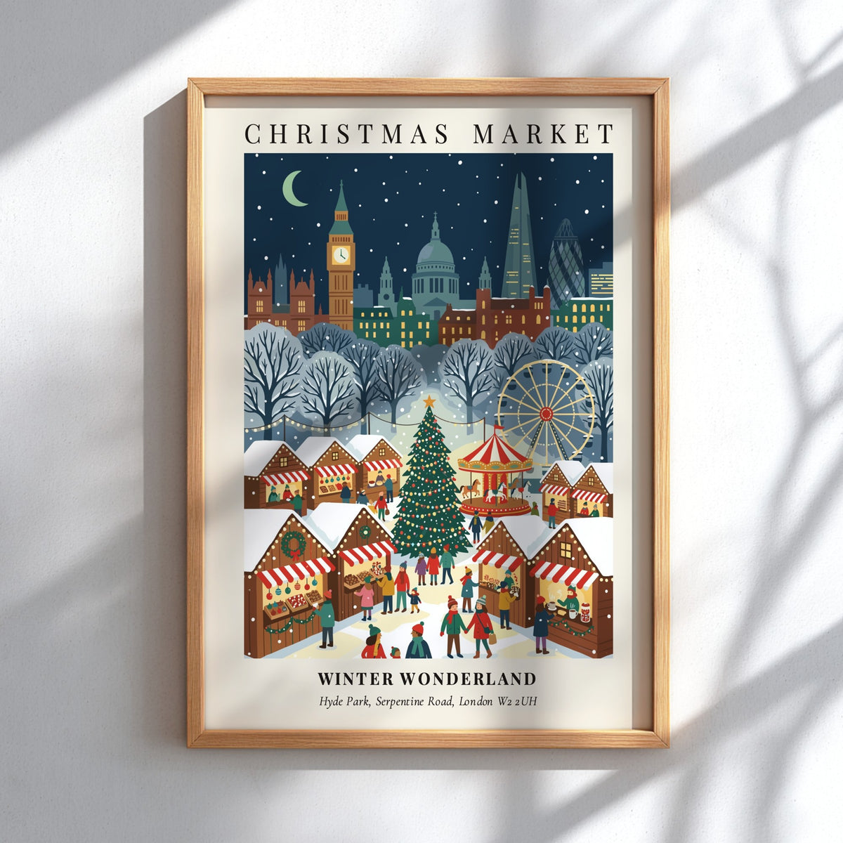 Christmas market poster showing London landmarks and festive stalls in a snowy winter wonderland.