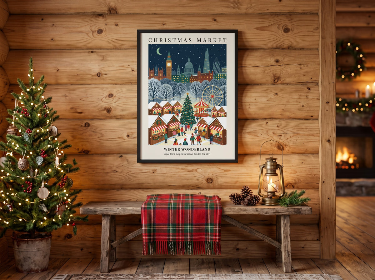 Christmas market poster showing London landmarks and festive stalls in a snowy winter wonderland.