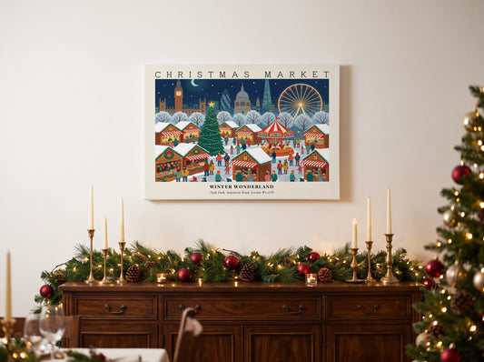 Christmas Market Hyde Park poster featuring iconic London landmarks in a festive winter scene.