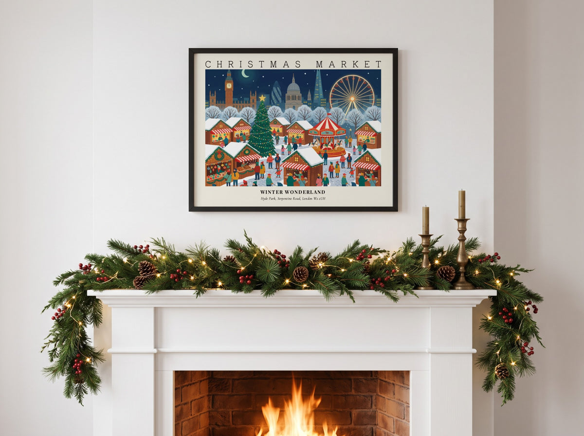 Christmas Market Hyde Park poster featuring iconic London landmarks in a festive winter scene.