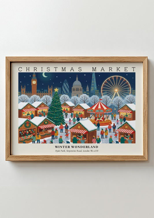 Christmas Market Hyde Park poster featuring iconic London landmarks in a festive winter scene.