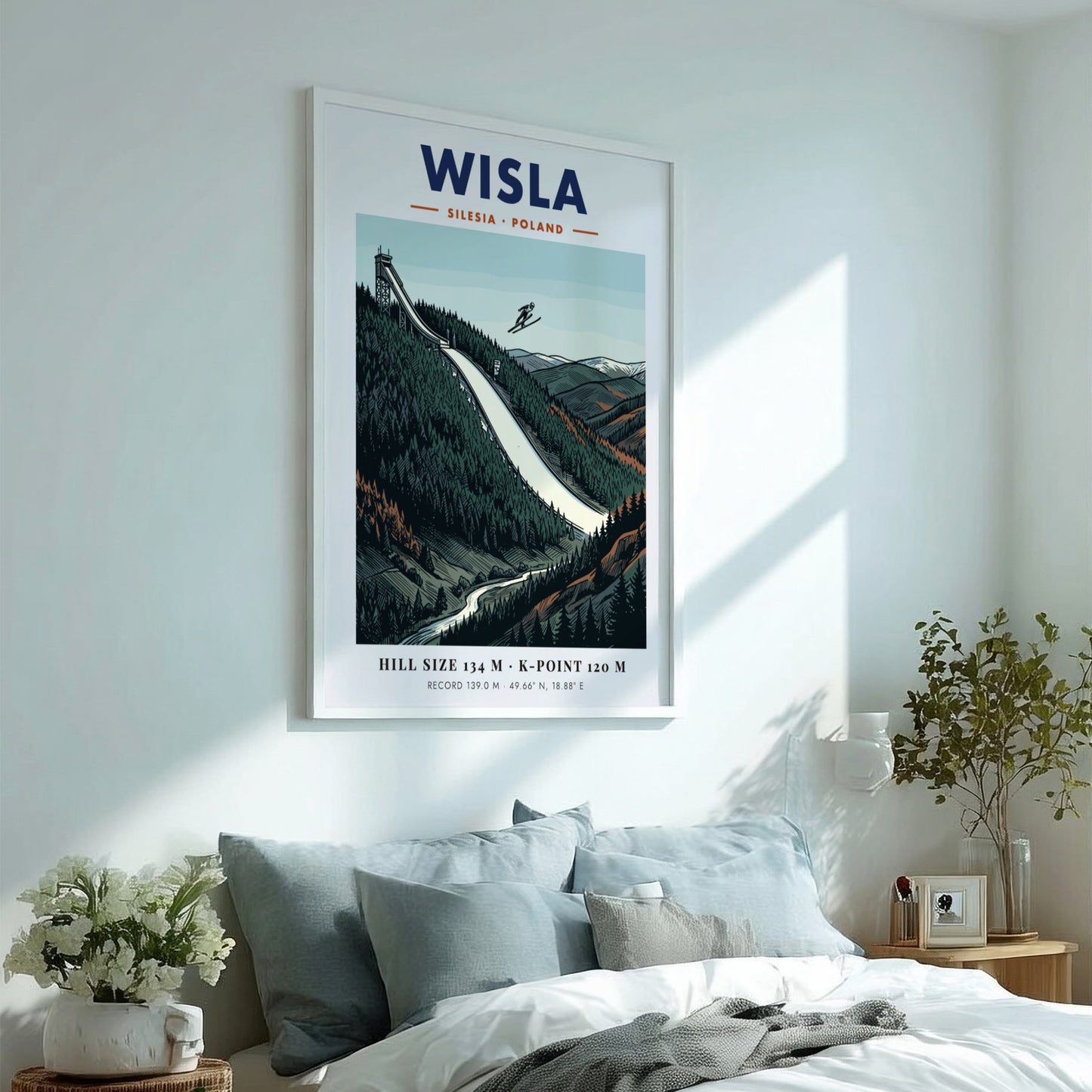 Poster of the Wisla ski jump in Poland featuring a skier mid-air flight.