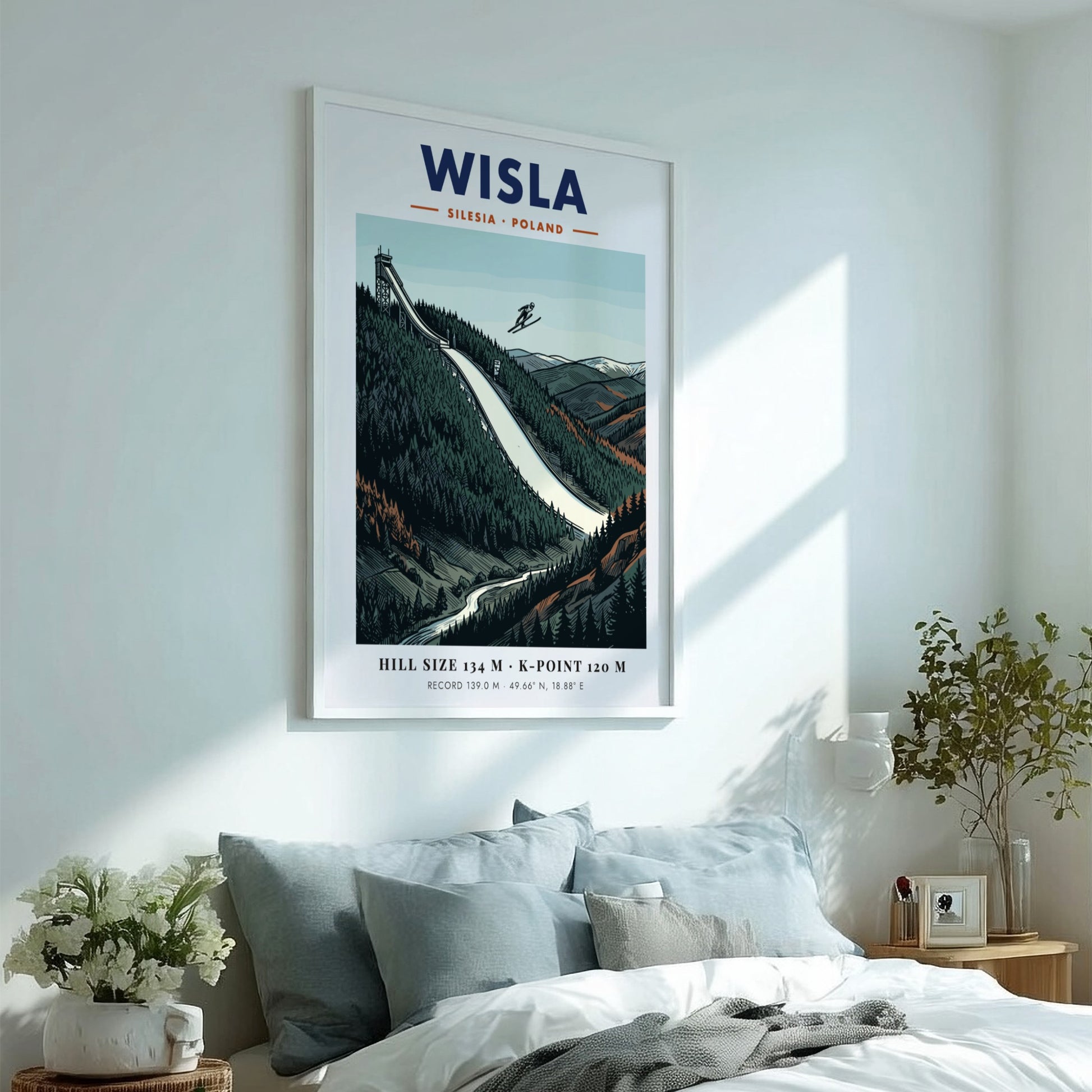 Poster of the Wisla ski jump in Poland featuring a skier mid-air flight.