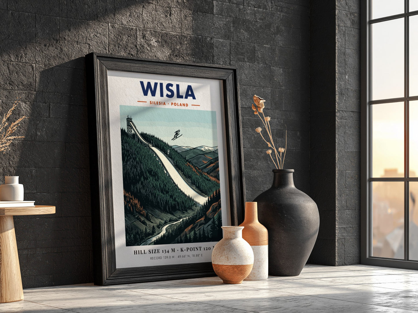 Poster of the Wisla ski jump in Poland featuring a skier mid-air flight.