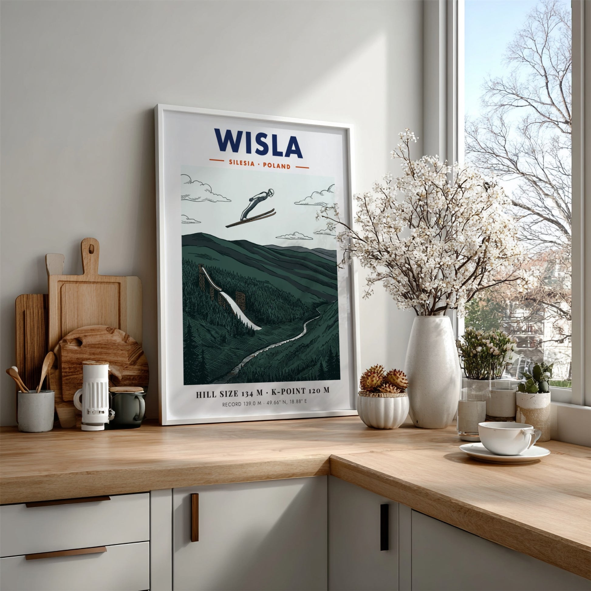 Wisla ski jumping travel poster featuring a jumper over a forested mountain valley