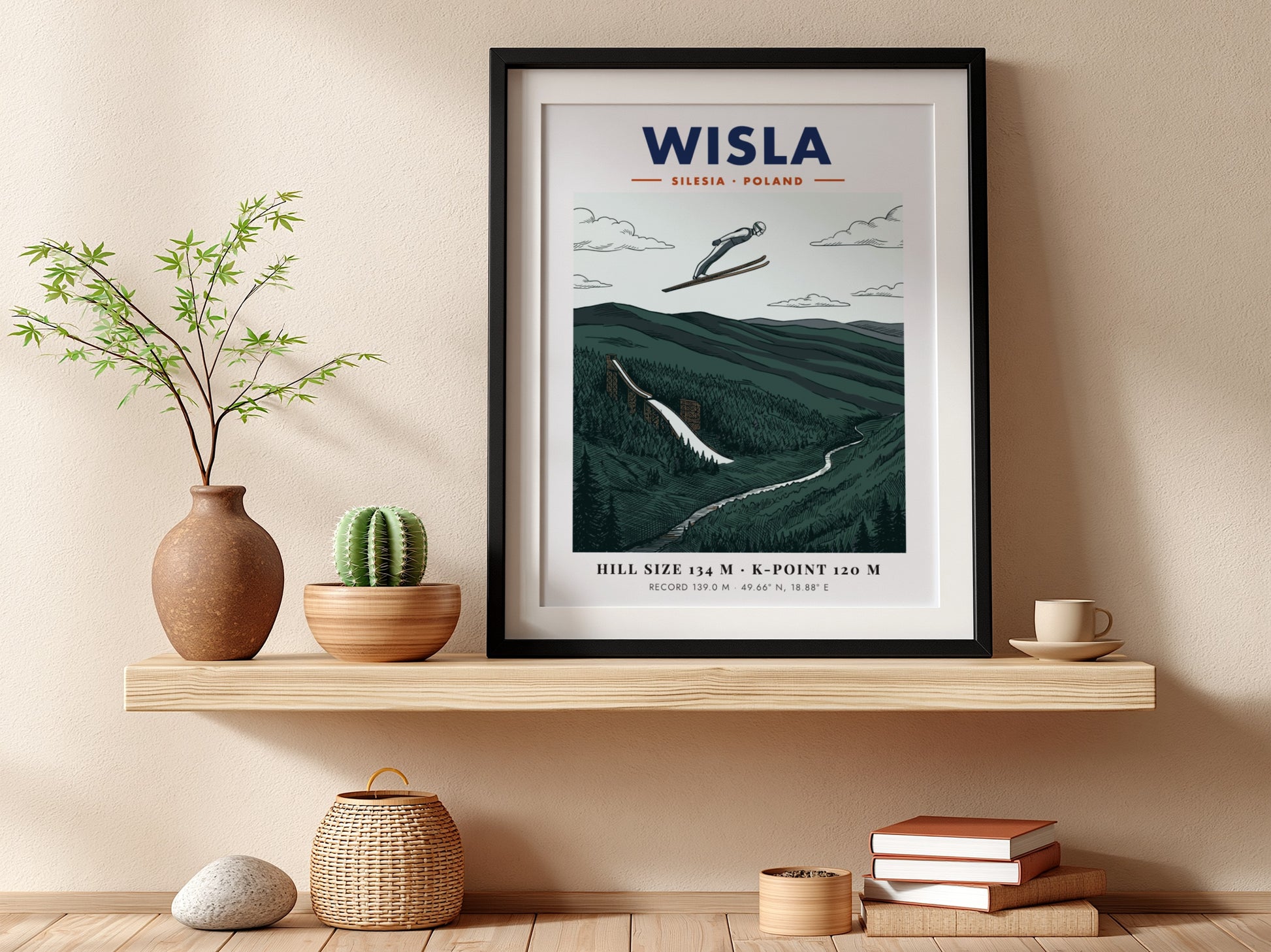 Wisla ski jumping travel poster featuring a jumper over a forested mountain valley