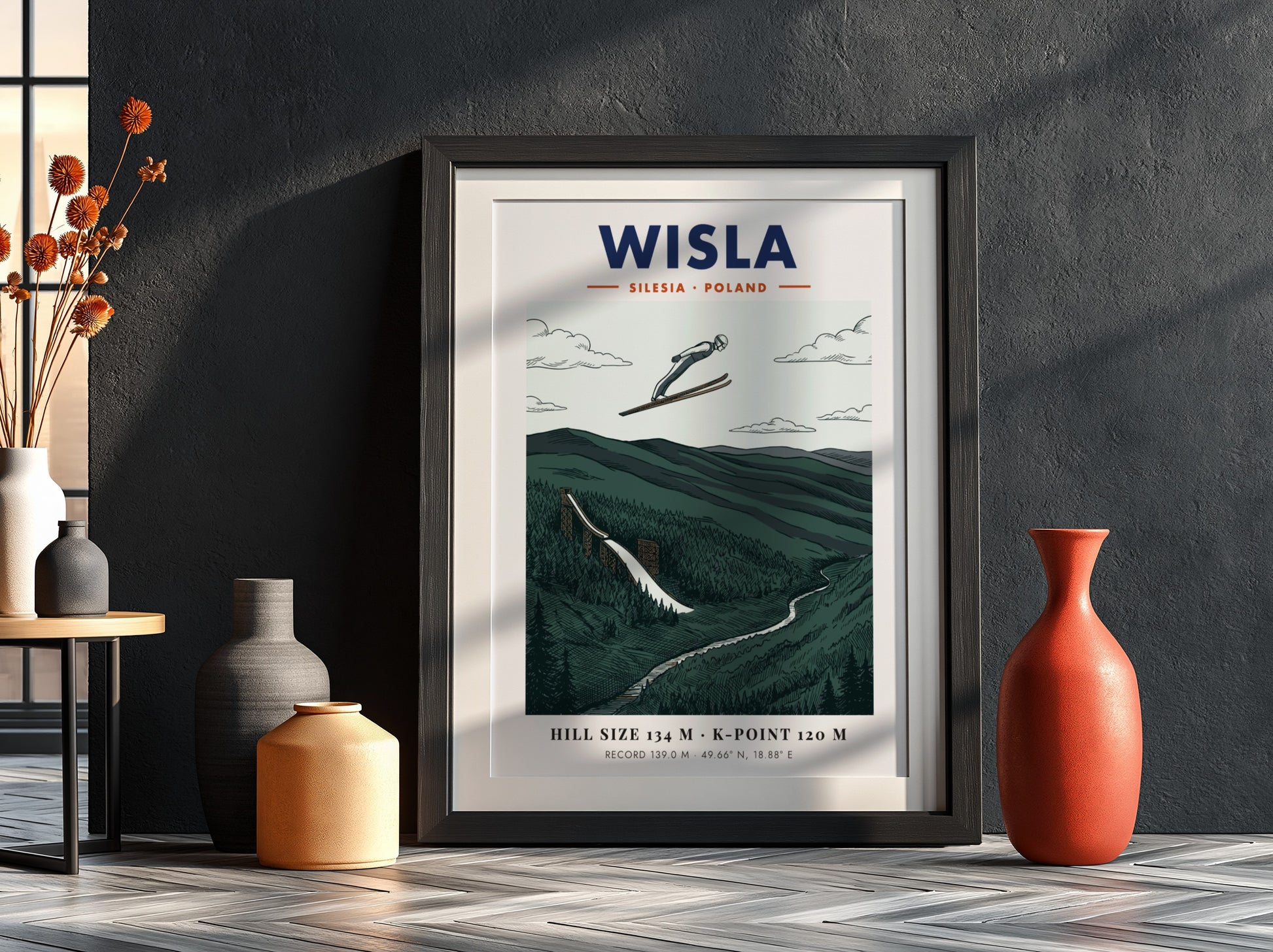 Wisla ski jumping travel poster featuring a jumper over a forested mountain valley