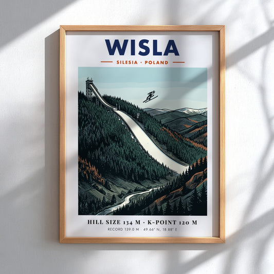 Poster of the Wisla ski jump in Poland featuring a skier mid-air flight.