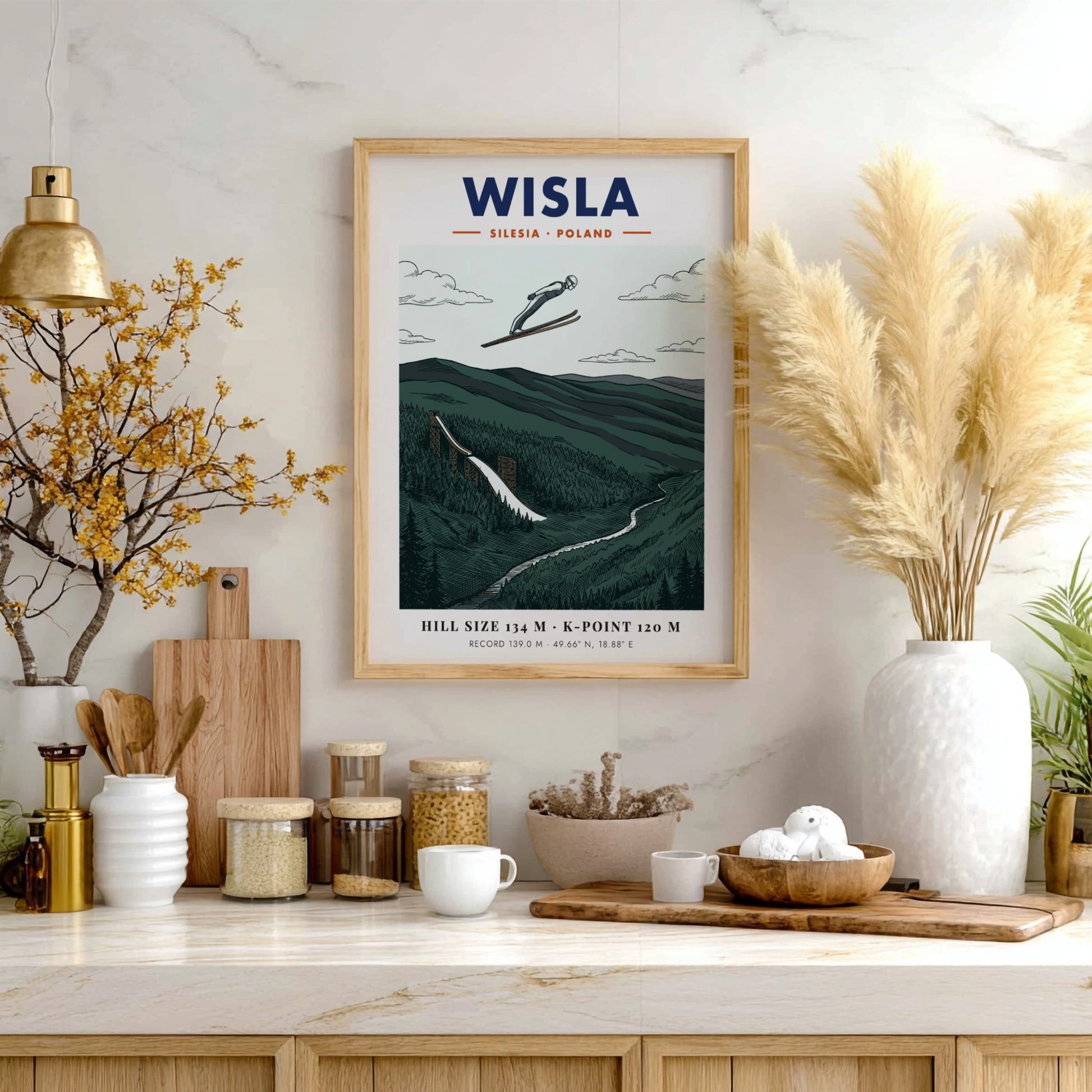 Wisla ski jumping travel poster featuring a jumper over a forested mountain valley