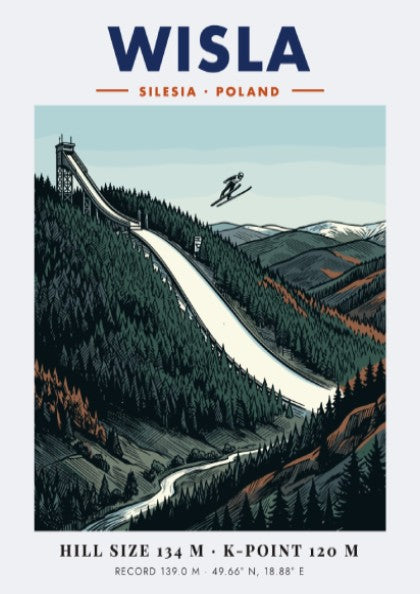 Poster of the Wisla ski jump in Poland featuring a skier mid-air flight.