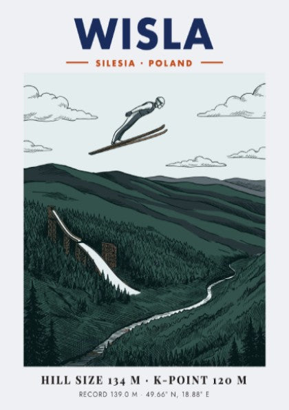 Wisla ski jumping travel poster featuring a jumper over a forested mountain valley
