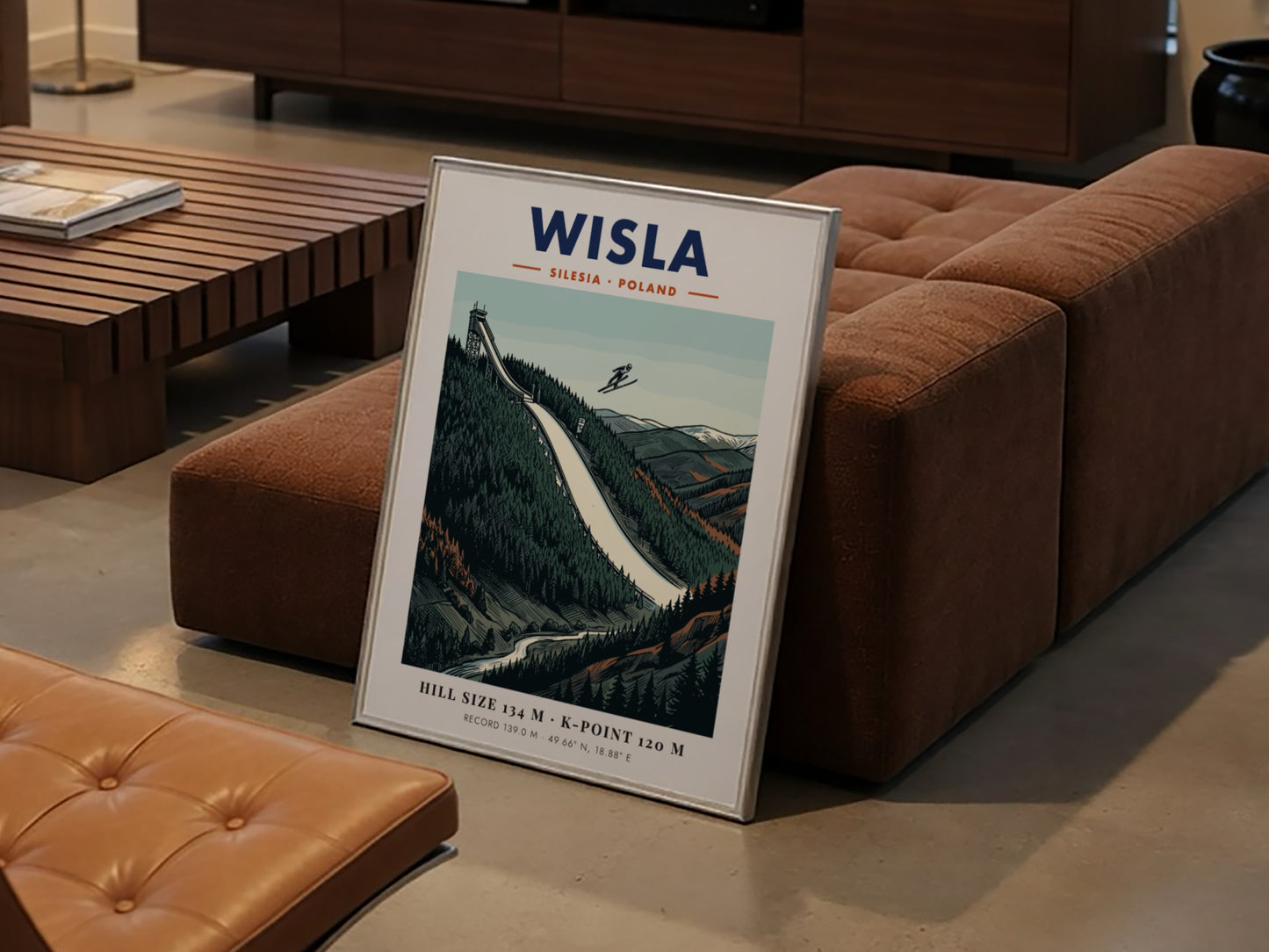 Poster of the Wisla ski jump in Poland featuring a skier mid-air flight.