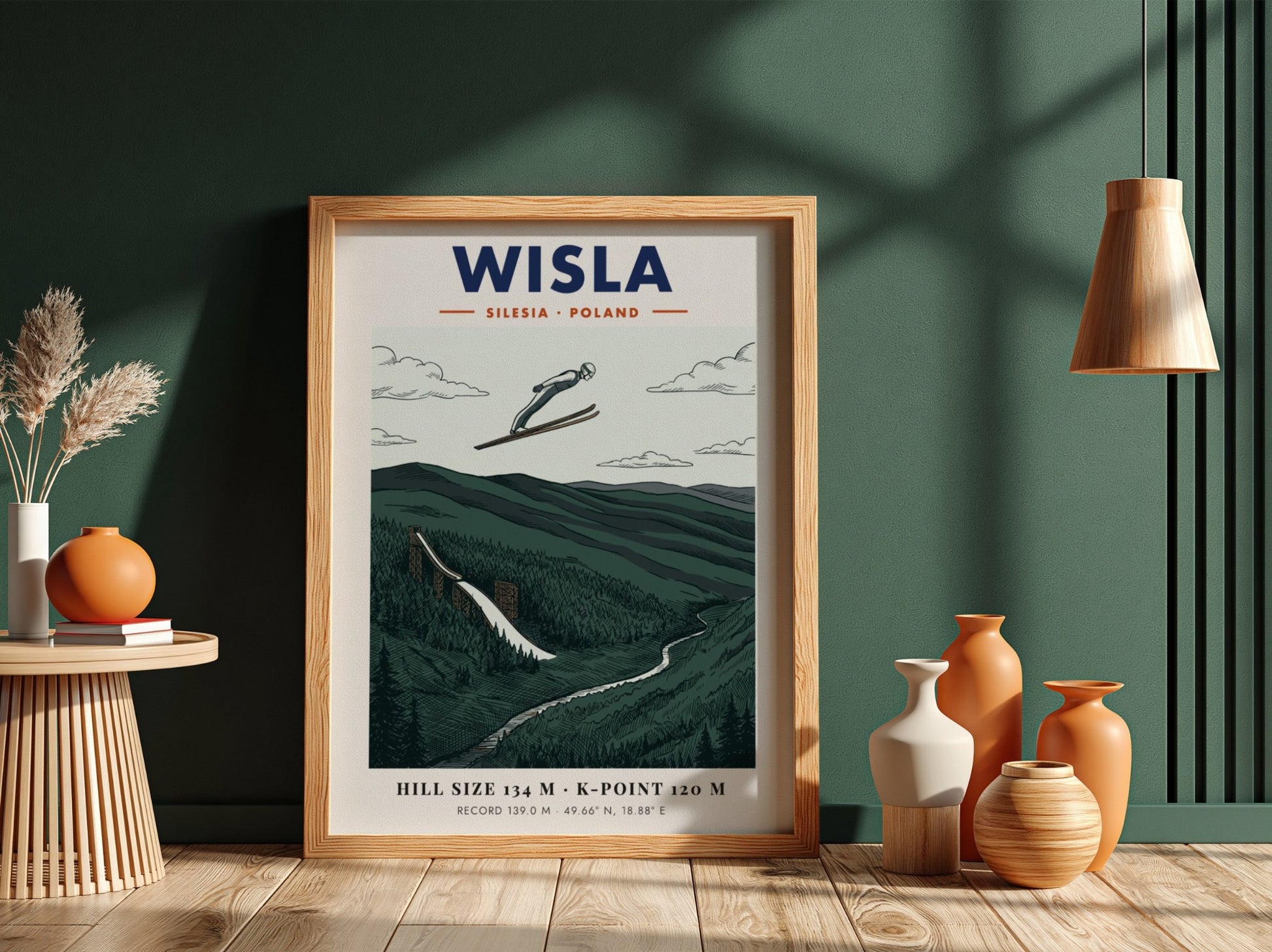 Wisla ski jumping travel poster featuring a jumper over a forested mountain valley