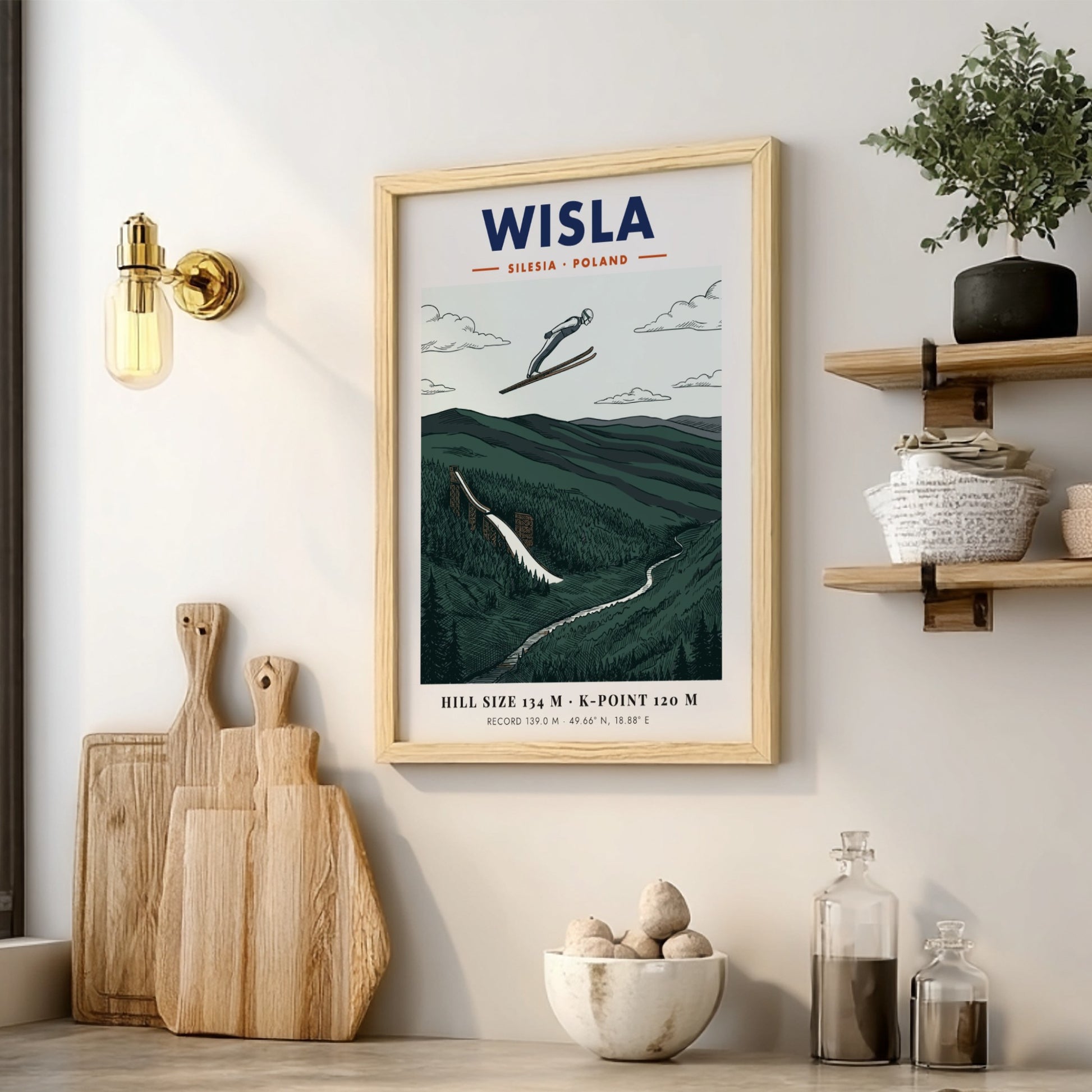 Wisla ski jumping travel poster featuring a jumper over a forested mountain valley