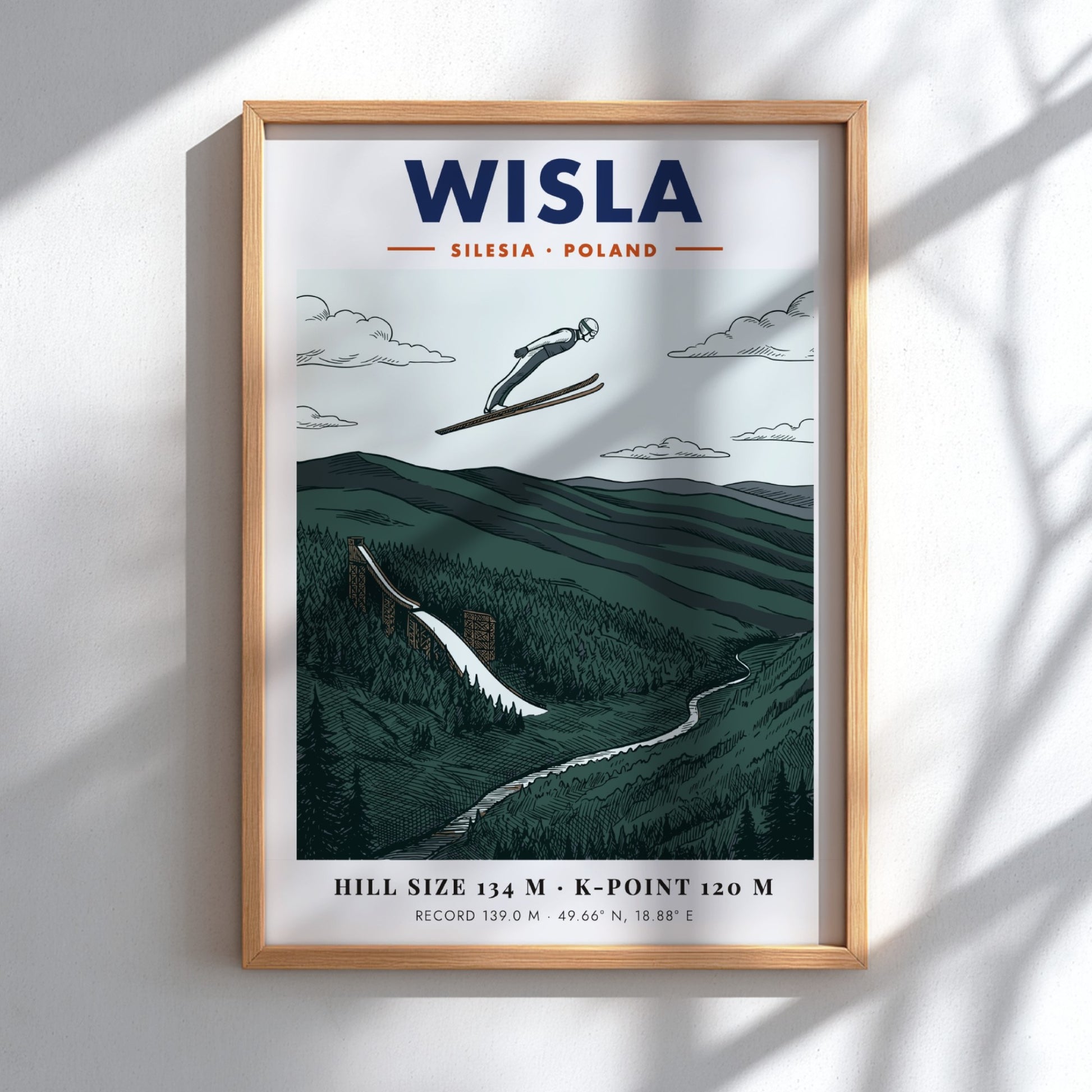 Wisla ski jumping travel poster featuring a jumper over a forested mountain valley