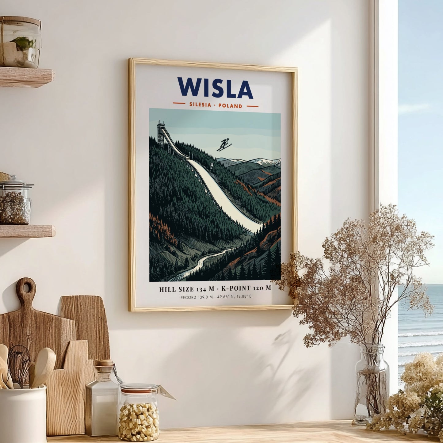 Poster of the Wisla ski jump in Poland featuring a skier mid-air flight.