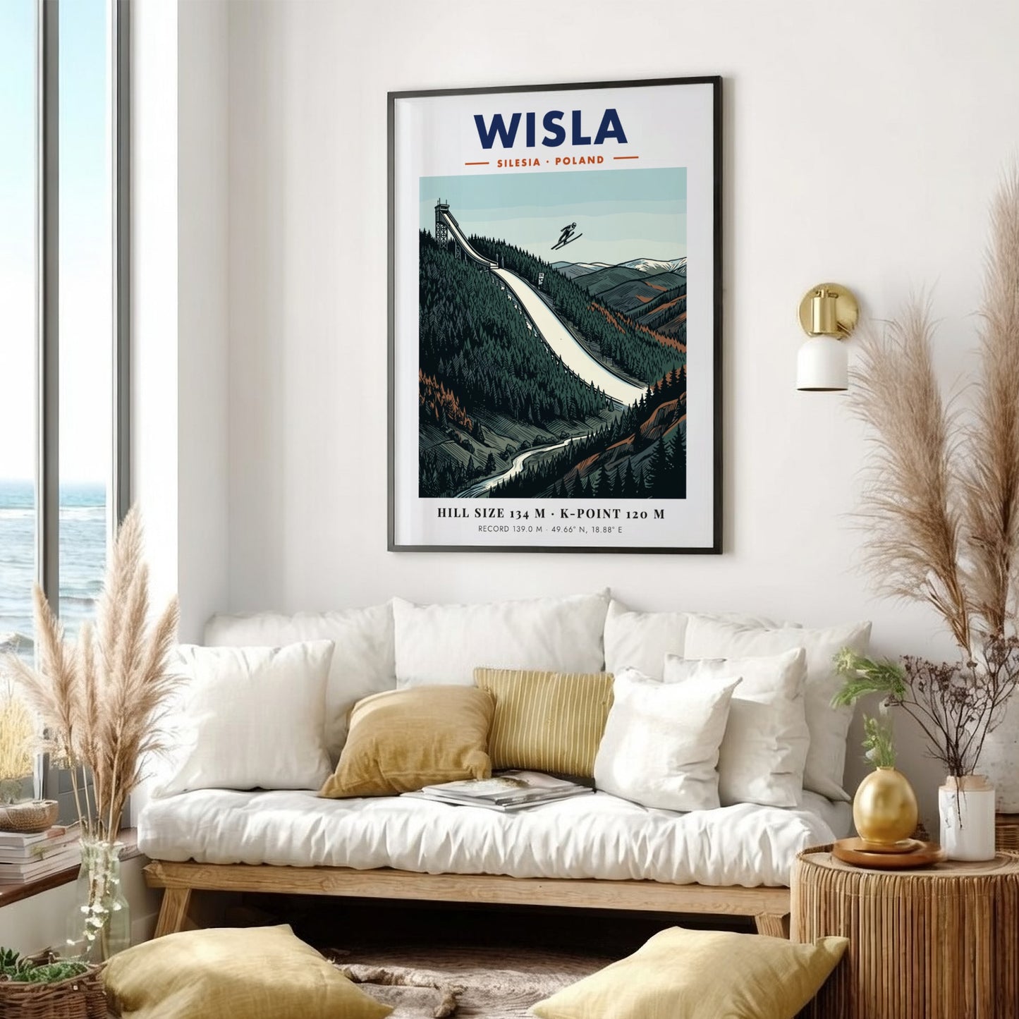 Poster of the Wisla ski jump in Poland featuring a skier mid-air flight.