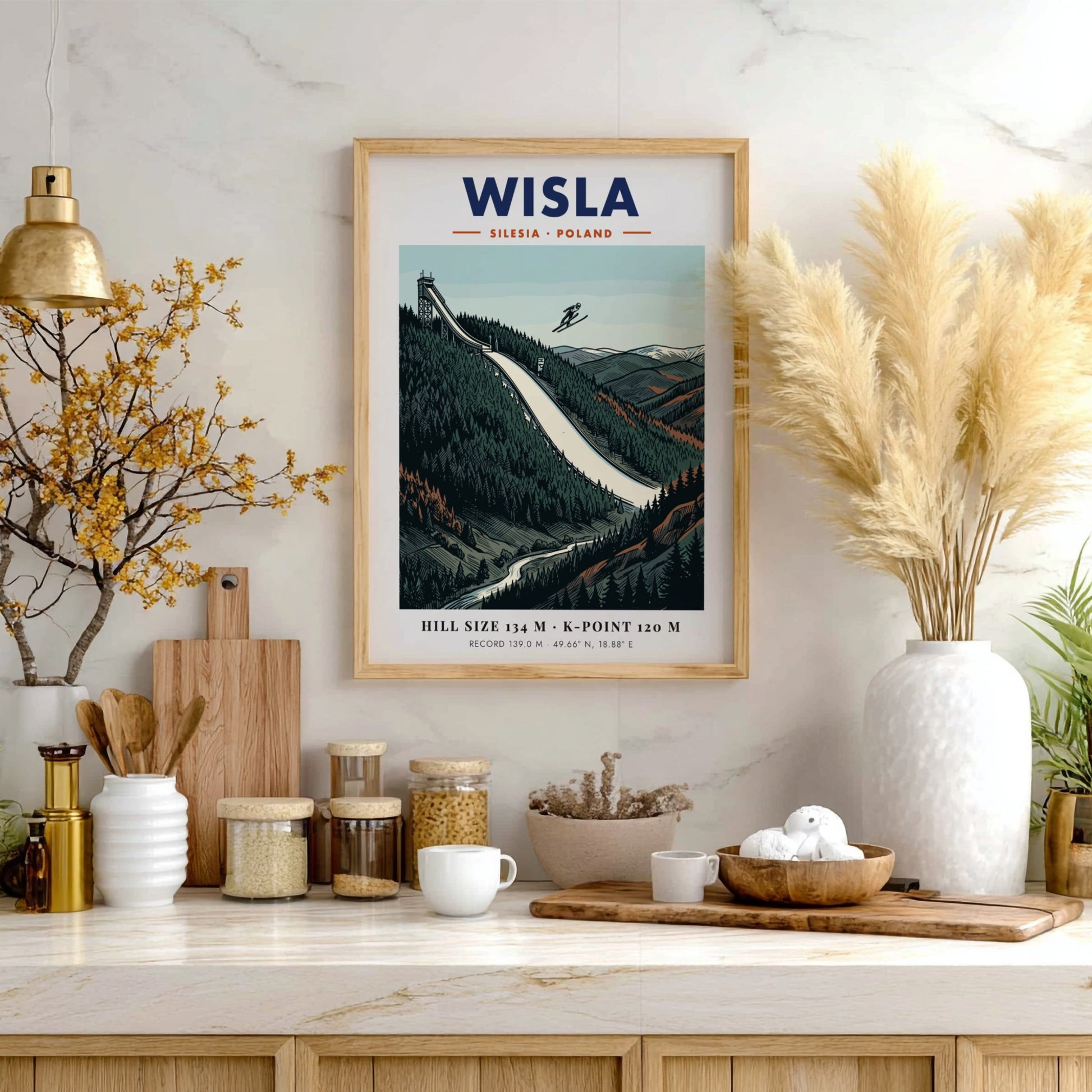 Poster of the Wisla ski jump in Poland featuring a skier mid-air flight.