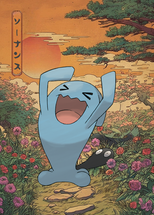 Wobbuffet Pokemon in a Japanese-style landscape with flowers and trees.