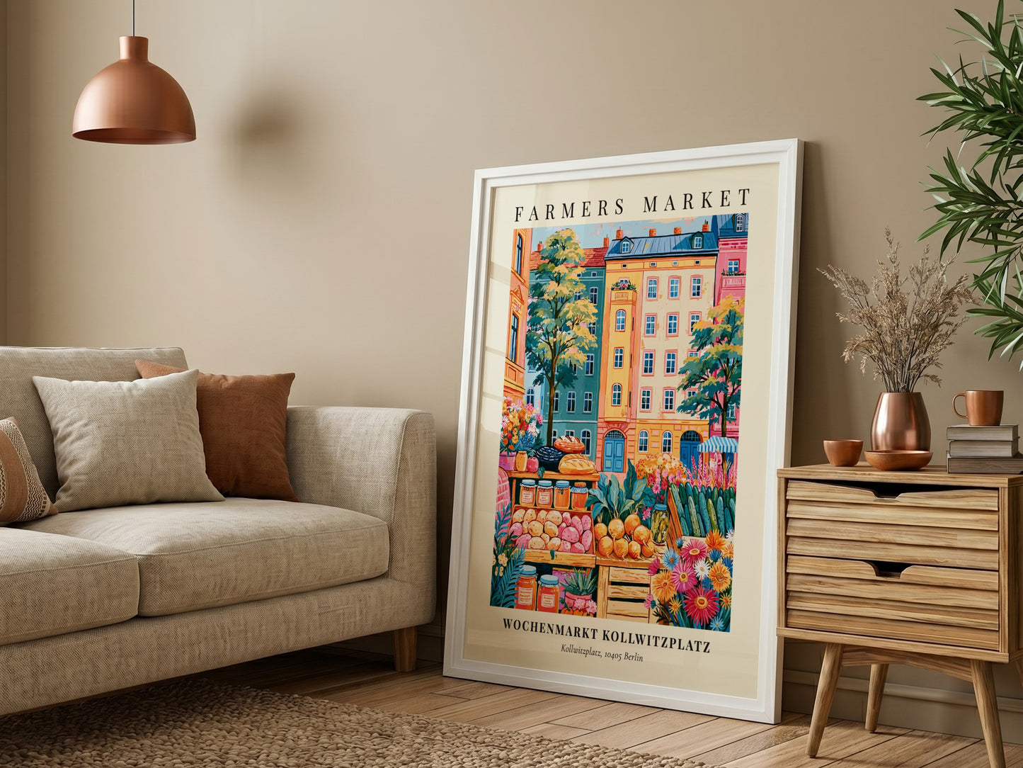 Kollwitzplatz farmers market poster featuring colorful fruits and vegetables with Berlin architecture in the