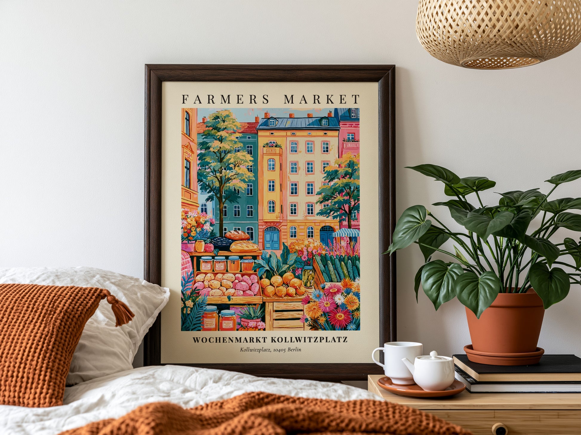 Kollwitzplatz farmers market poster featuring colorful fruits and vegetables with Berlin architecture in the