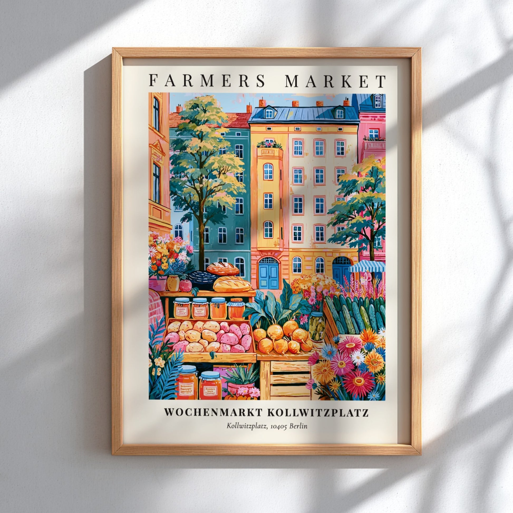 Kollwitzplatz farmers market poster featuring colorful fruits and vegetables with Berlin architecture in the
