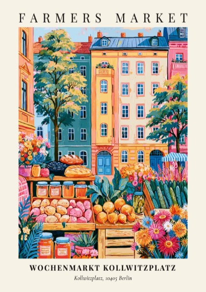 Kollwitzplatz farmers market poster featuring colorful fruits and vegetables with Berlin architecture in the