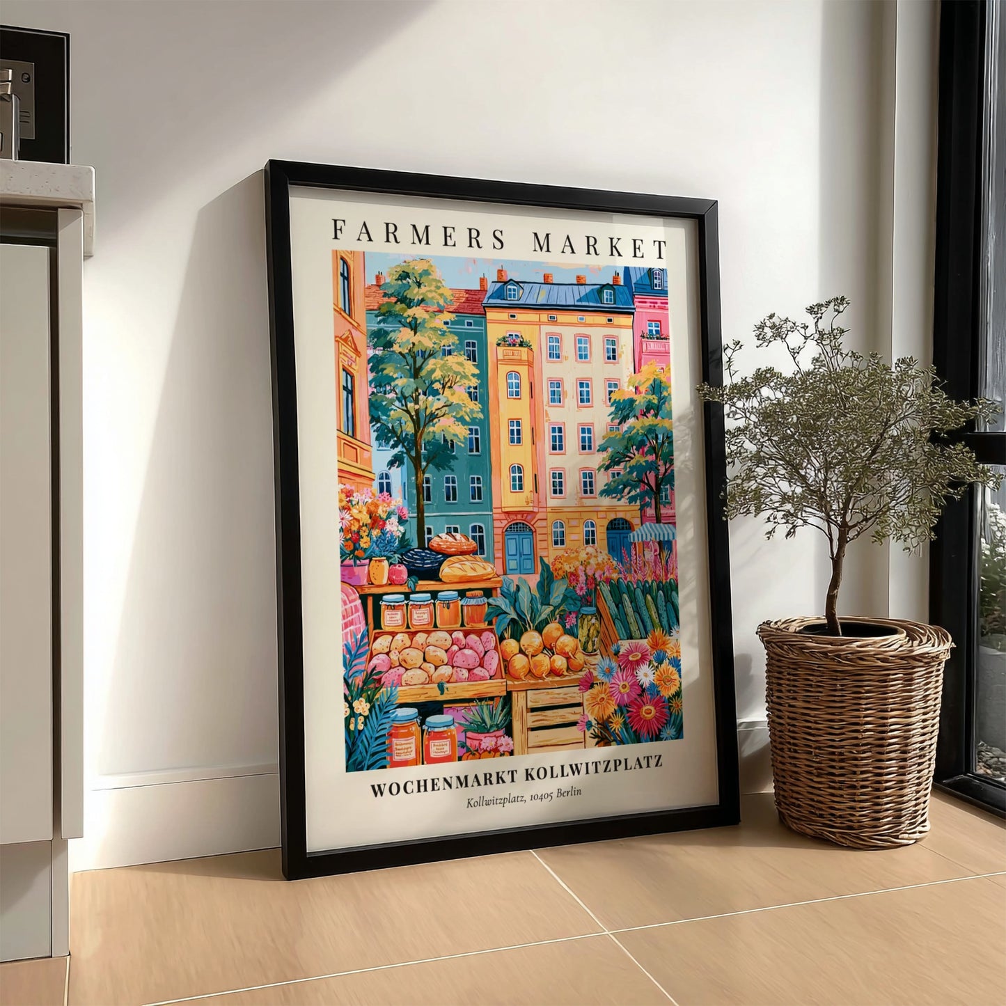 Kollwitzplatz farmers market poster featuring colorful fruits and vegetables with Berlin architecture in the