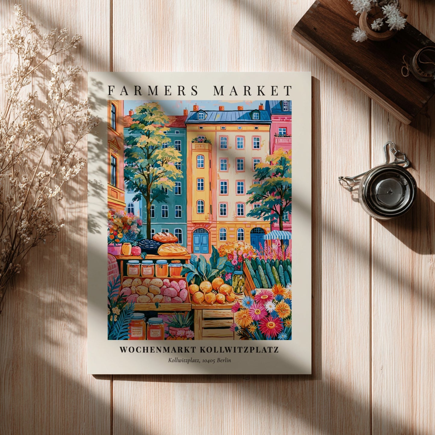 Kollwitzplatz farmers market poster featuring colorful fruits and vegetables with Berlin architecture in the