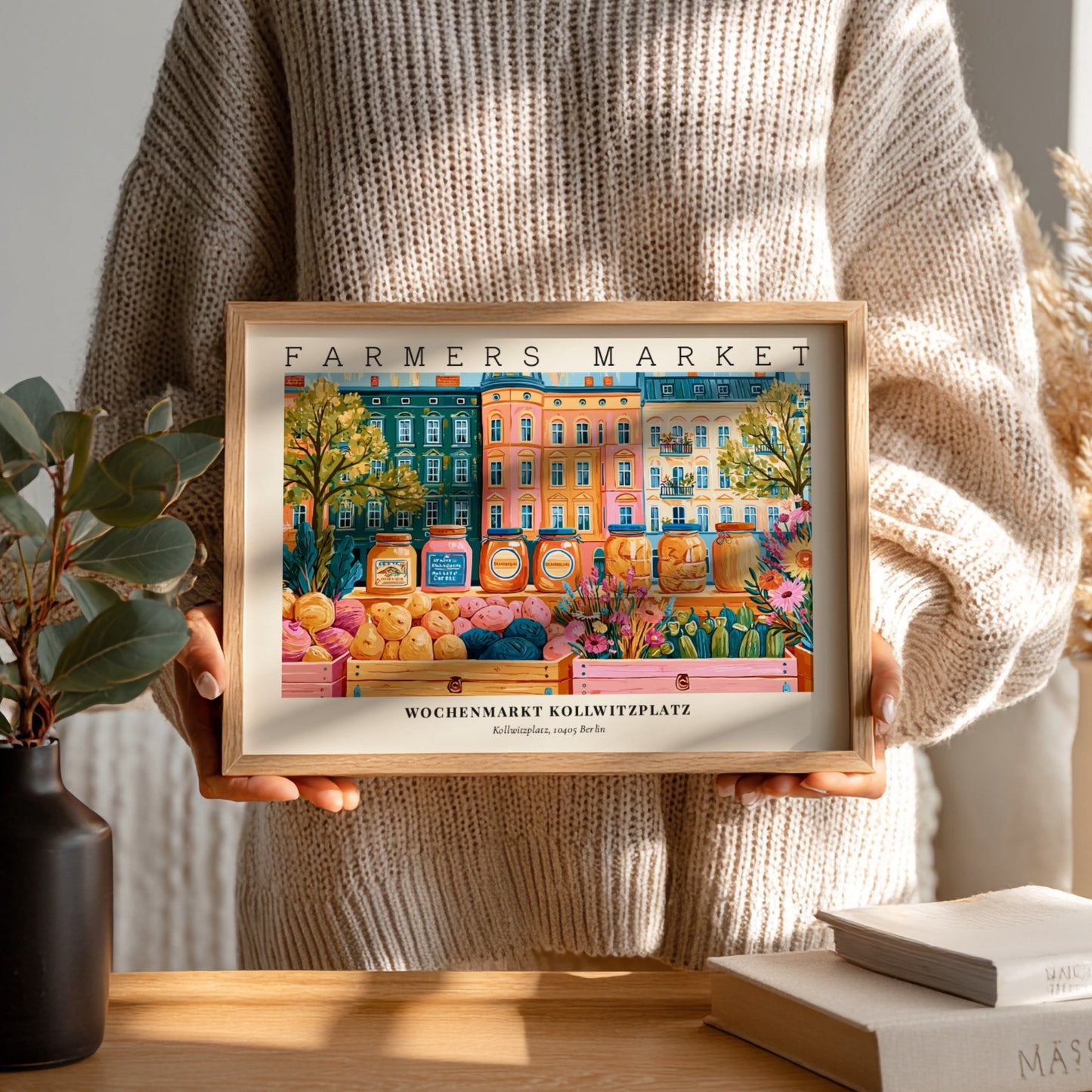 Farmers market poster showcasing Kollwitzplatz in Berlin with vibrant colors and lively market scene
