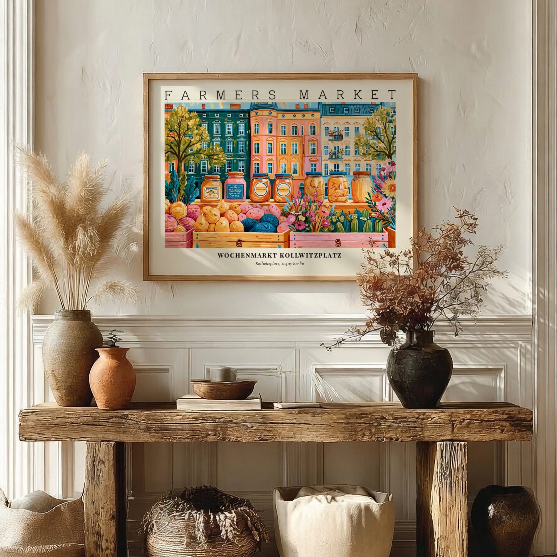 Farmers market poster showcasing Kollwitzplatz in Berlin with vibrant colors and lively market scene