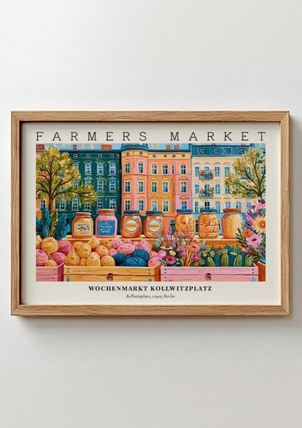 Farmers market poster showcasing Kollwitzplatz in Berlin with vibrant colors and lively market scene