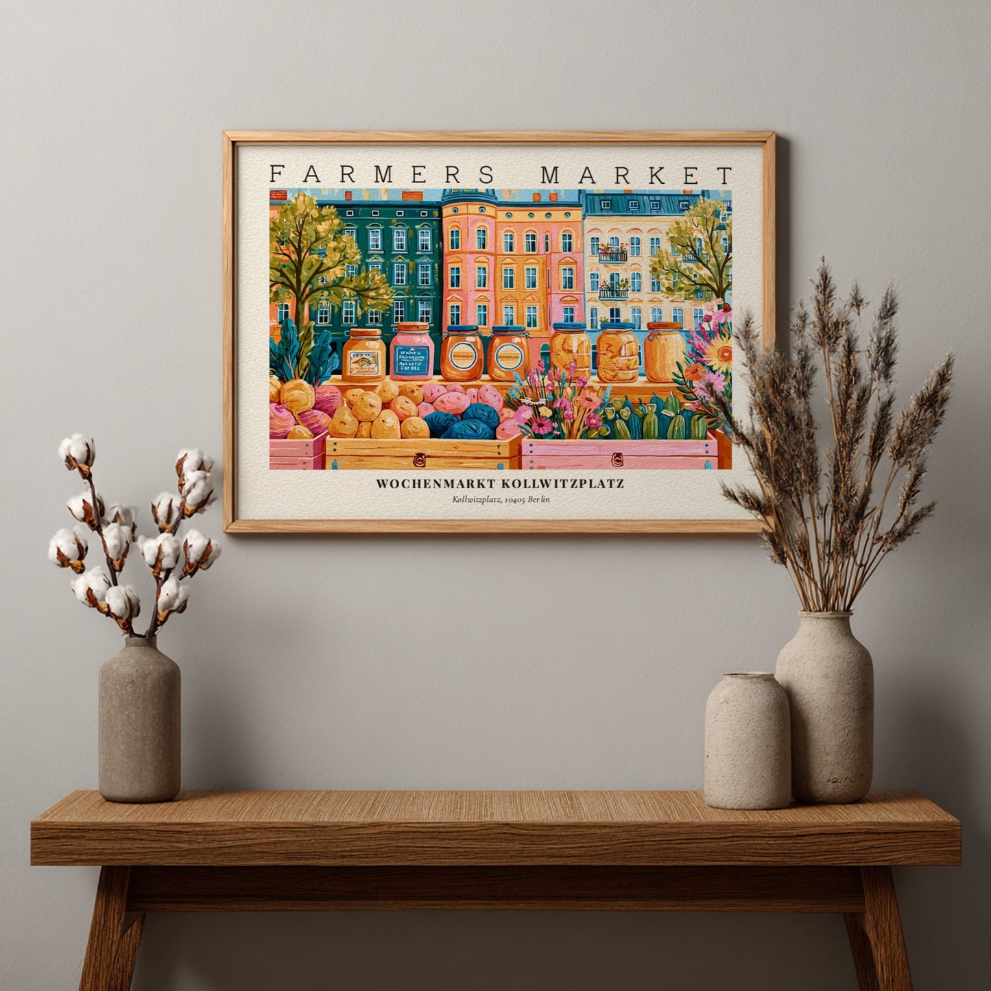 Farmers market poster showcasing Kollwitzplatz in Berlin with vibrant colors and lively market scene