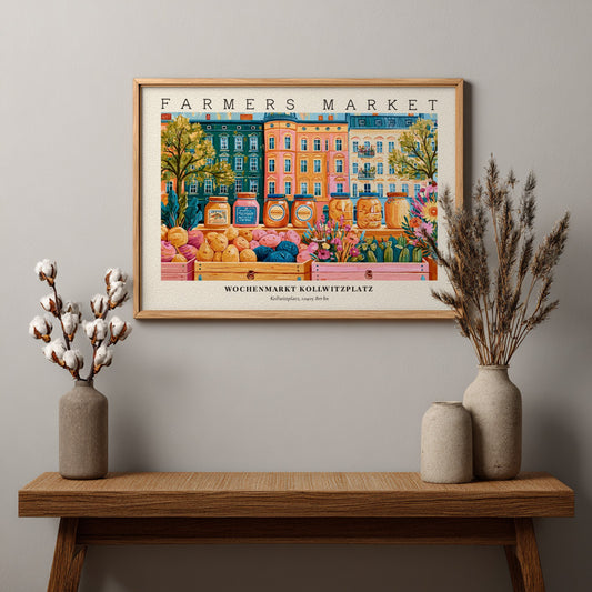 Farmers market poster showcasing Kollwitzplatz in Berlin with vibrant colors and lively market scene