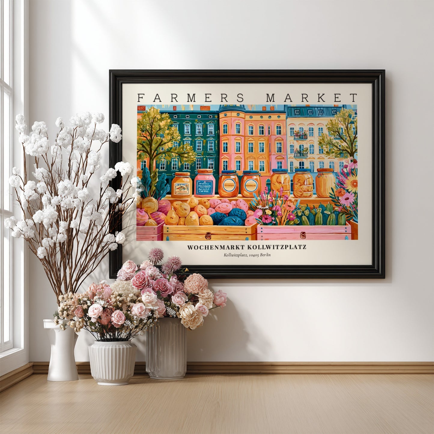 Farmers market poster showcasing Kollwitzplatz in Berlin with vibrant colors and lively market scene