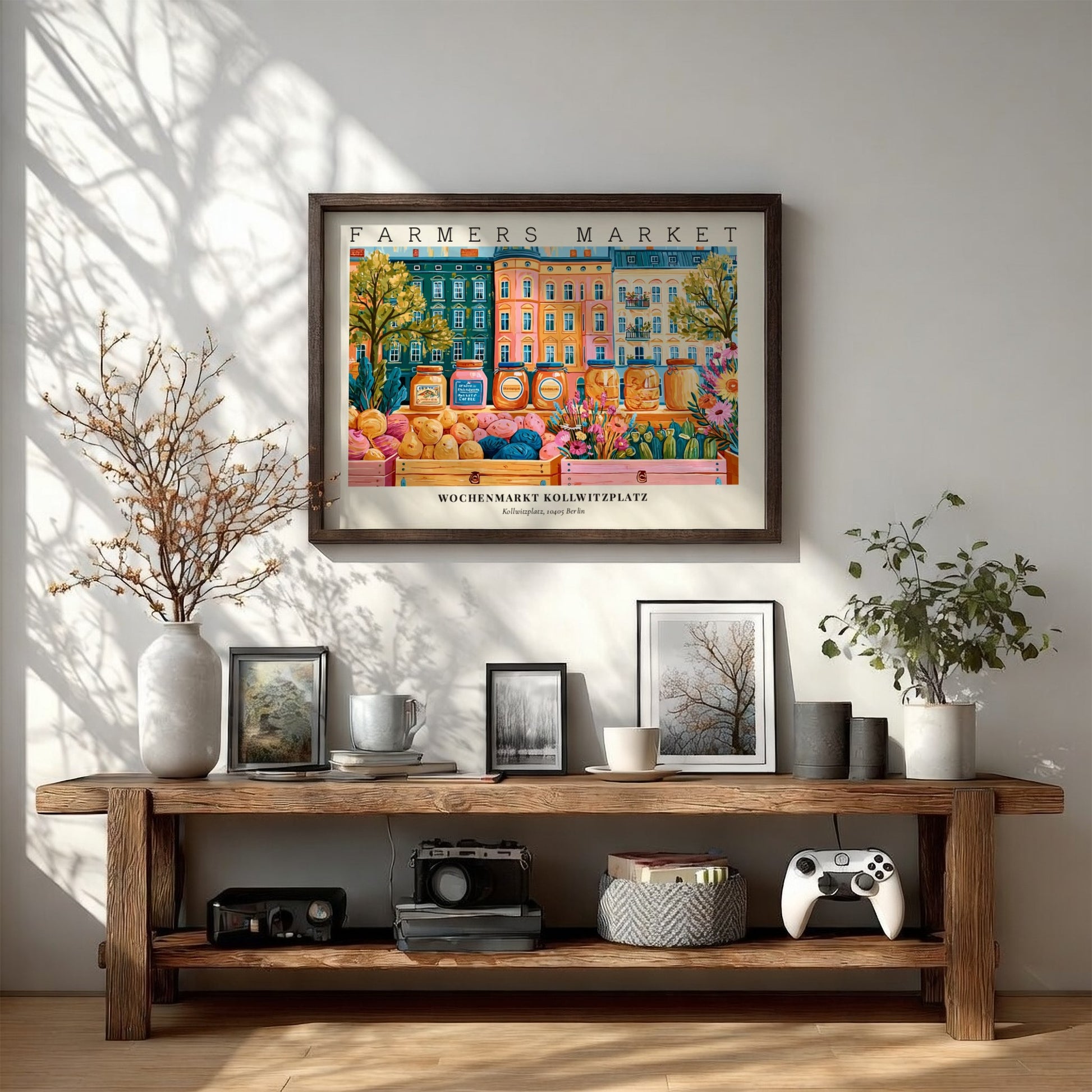 Farmers market poster showcasing Kollwitzplatz in Berlin with vibrant colors and lively market scene