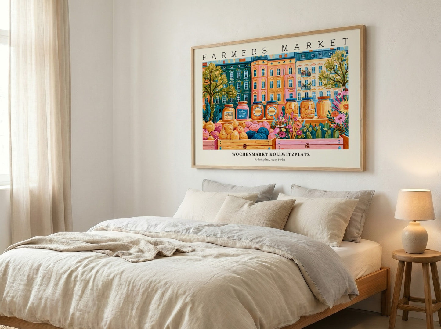Farmers market poster showcasing Kollwitzplatz in Berlin with vibrant colors and lively market scene