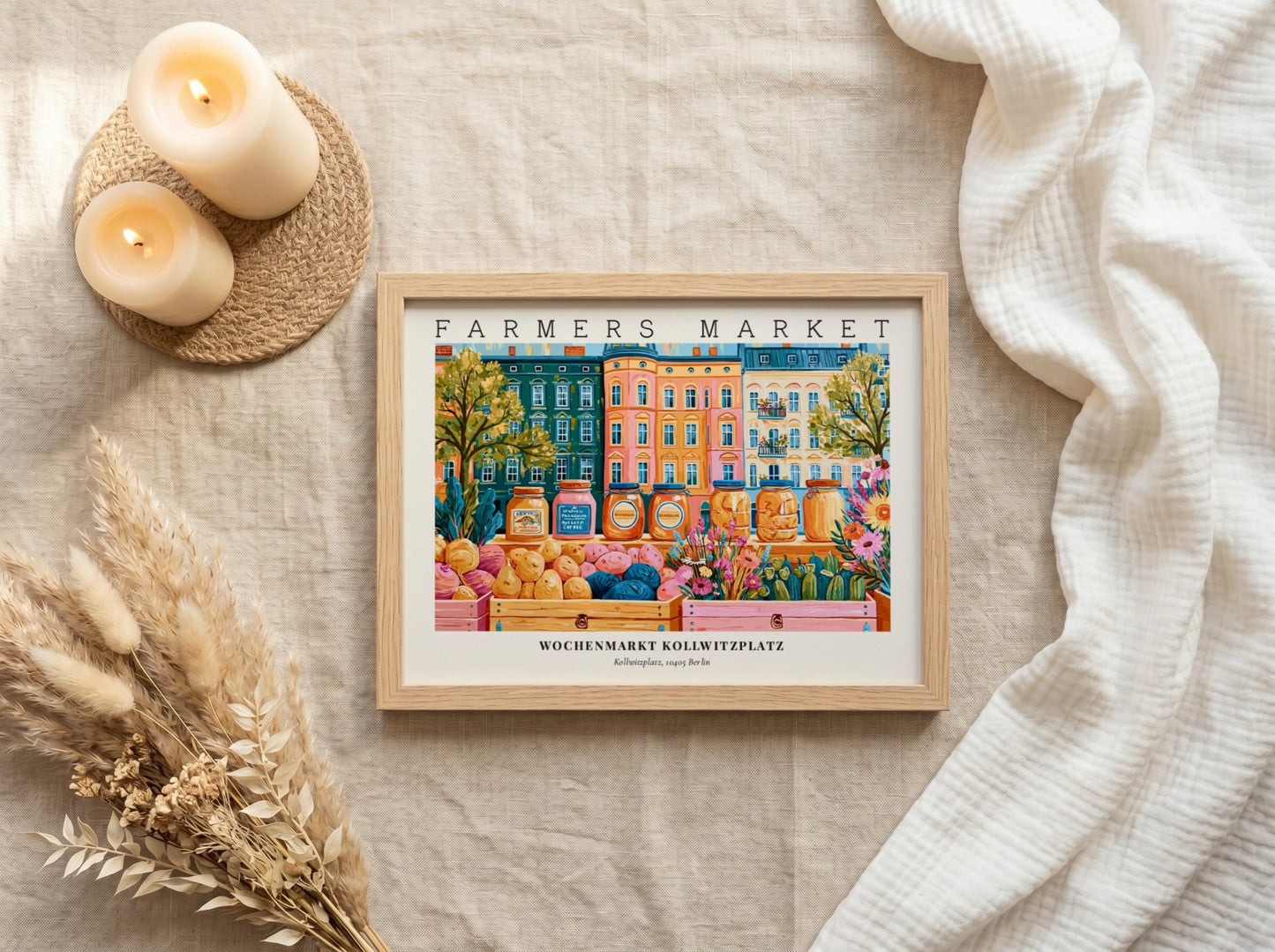 Farmers market poster showcasing Kollwitzplatz in Berlin with vibrant colors and lively market scene