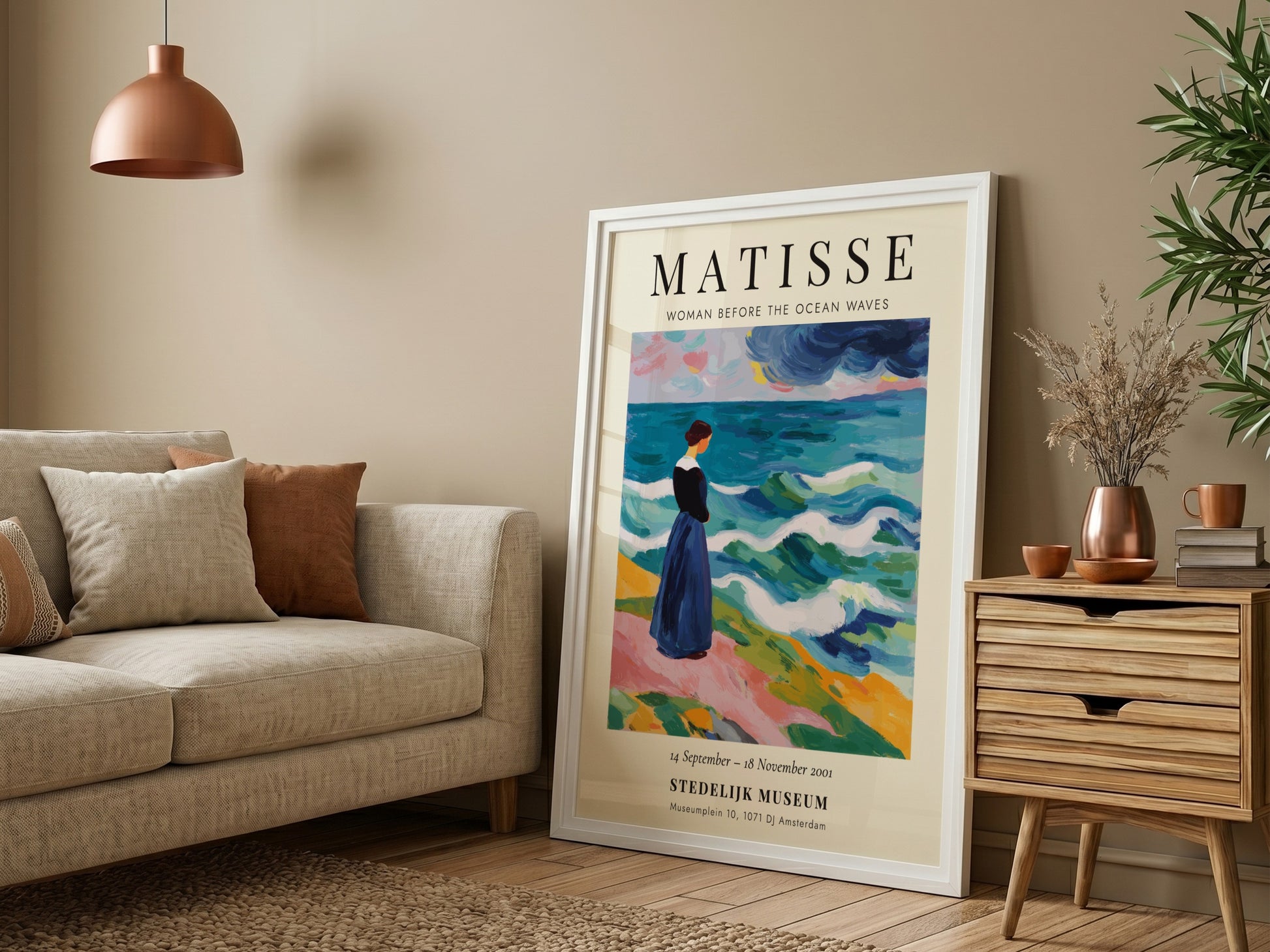 Henri Matisse poster featuring a woman by the ocean, vibrant colors, coastal decor
