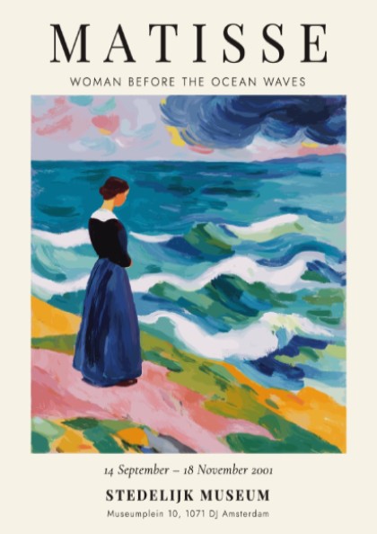 Henri Matisse poster featuring a woman by the ocean, vibrant colors, coastal decor