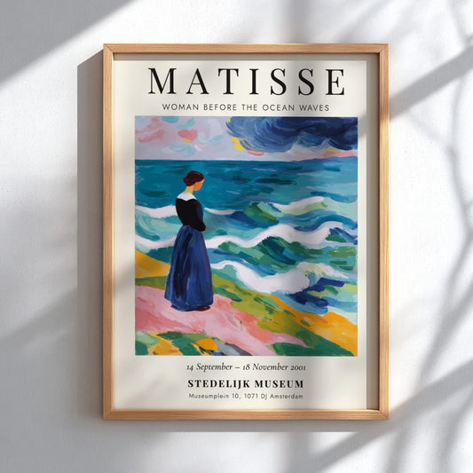 Henri Matisse poster featuring a woman by the ocean, vibrant colors, coastal decor